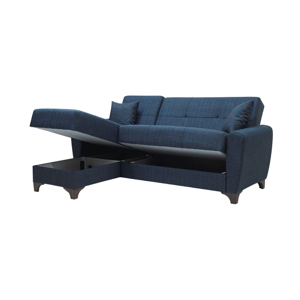 Divano con penisola reversibile doppio contenitore Eva tessuto blu