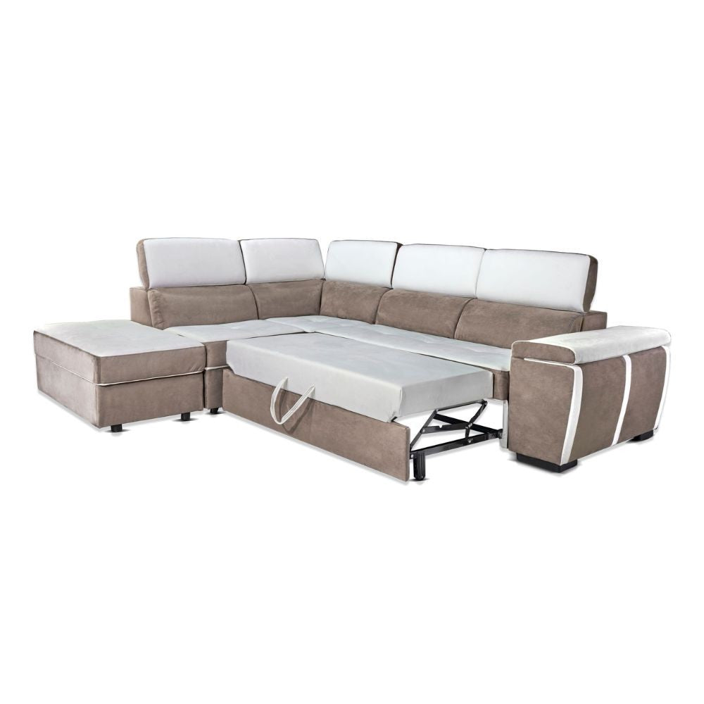 Divano Kutri penisola letto e contenitore bicolore caribou e bianco