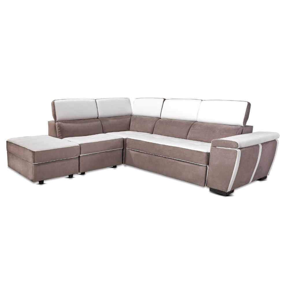 Divano Kutri penisola letto e contenitore bicolore caribou e bianco