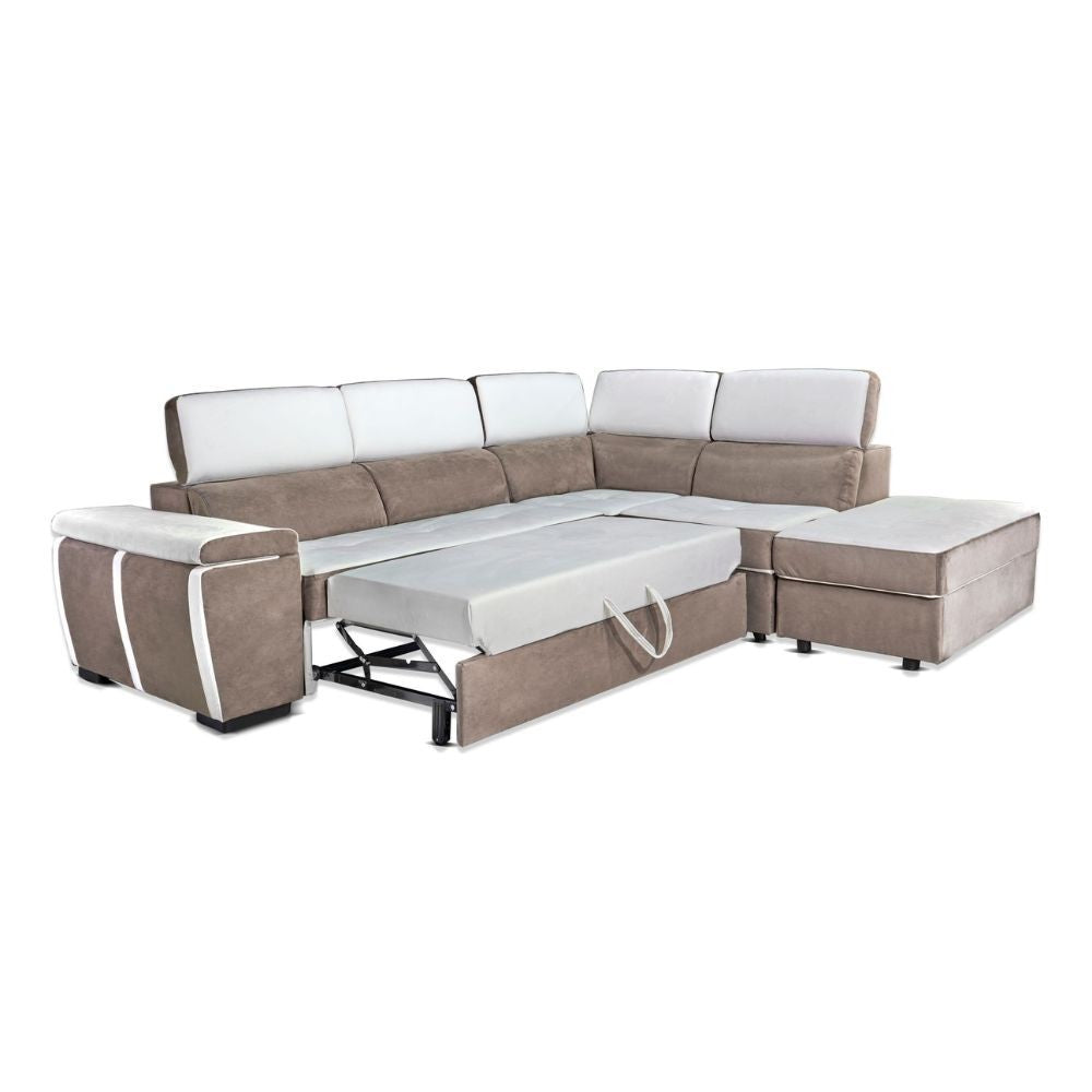 Divano Kutri penisola letto e contenitore bicolore caribou e bianco