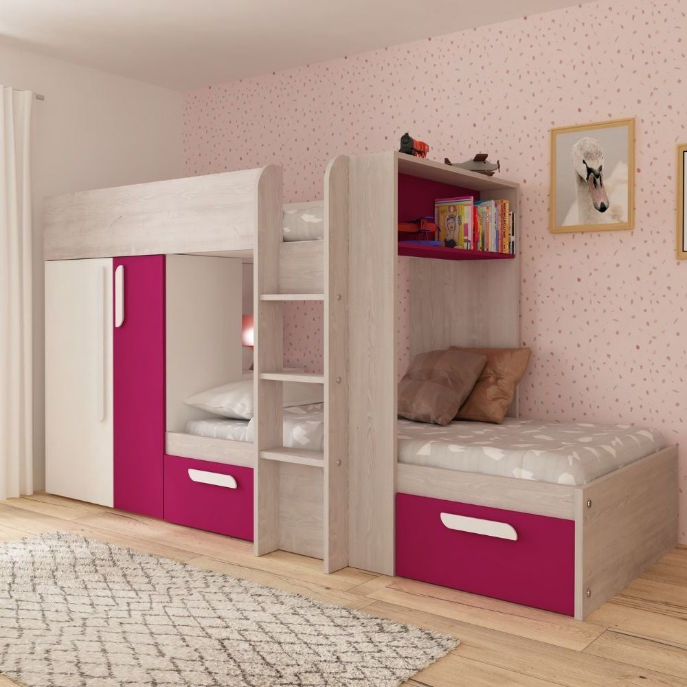 Letto a castello 1298 reversibile con armadio e 2 cassetti bianco consumato e fucsia