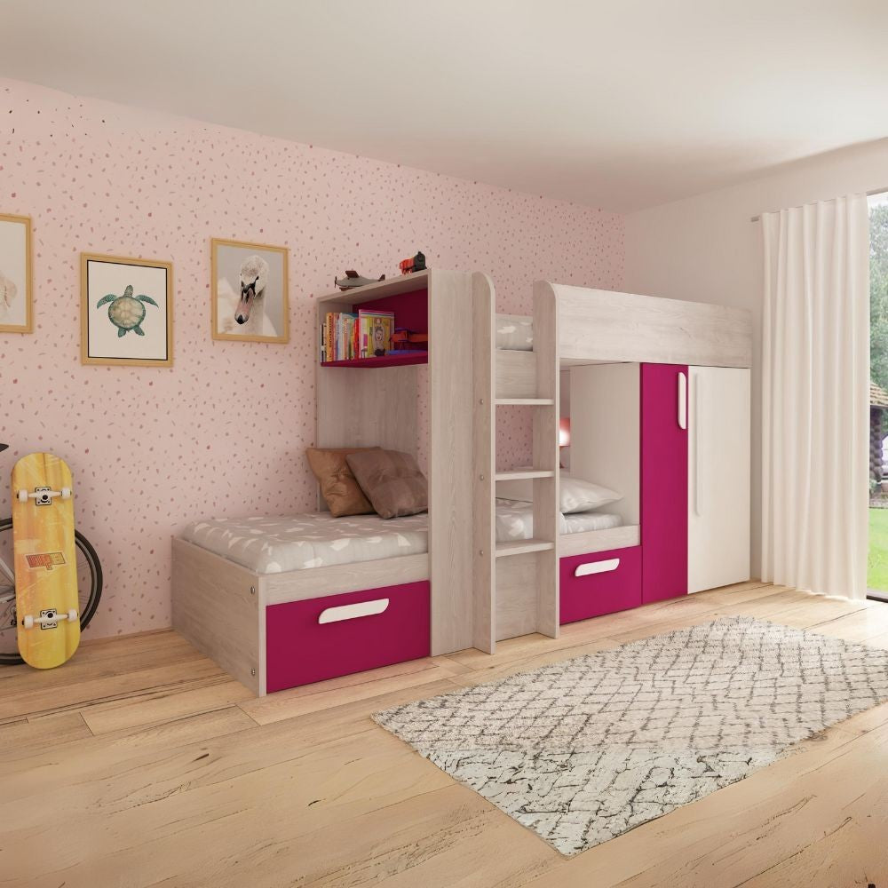 Letto a castello 1298 reversibile con armadio e 2 cassetti bianco consumato e fucsia