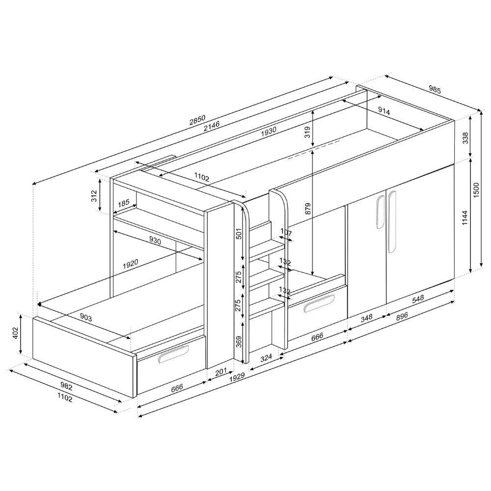 Letto a castello 1298 reversibile con armadio e 2 cassetti bianco consumato e fucsia