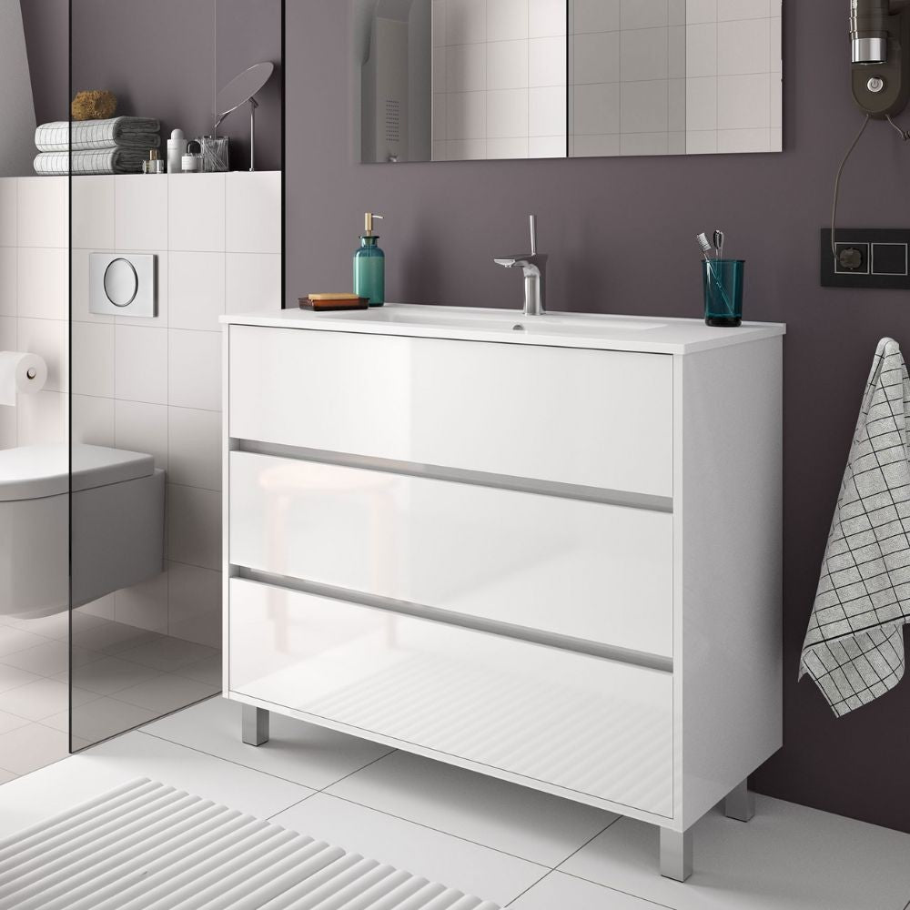 Mobile bagno Elmas100 con lavabo bianco laccato lucido 3 cassetti 100x45x86h