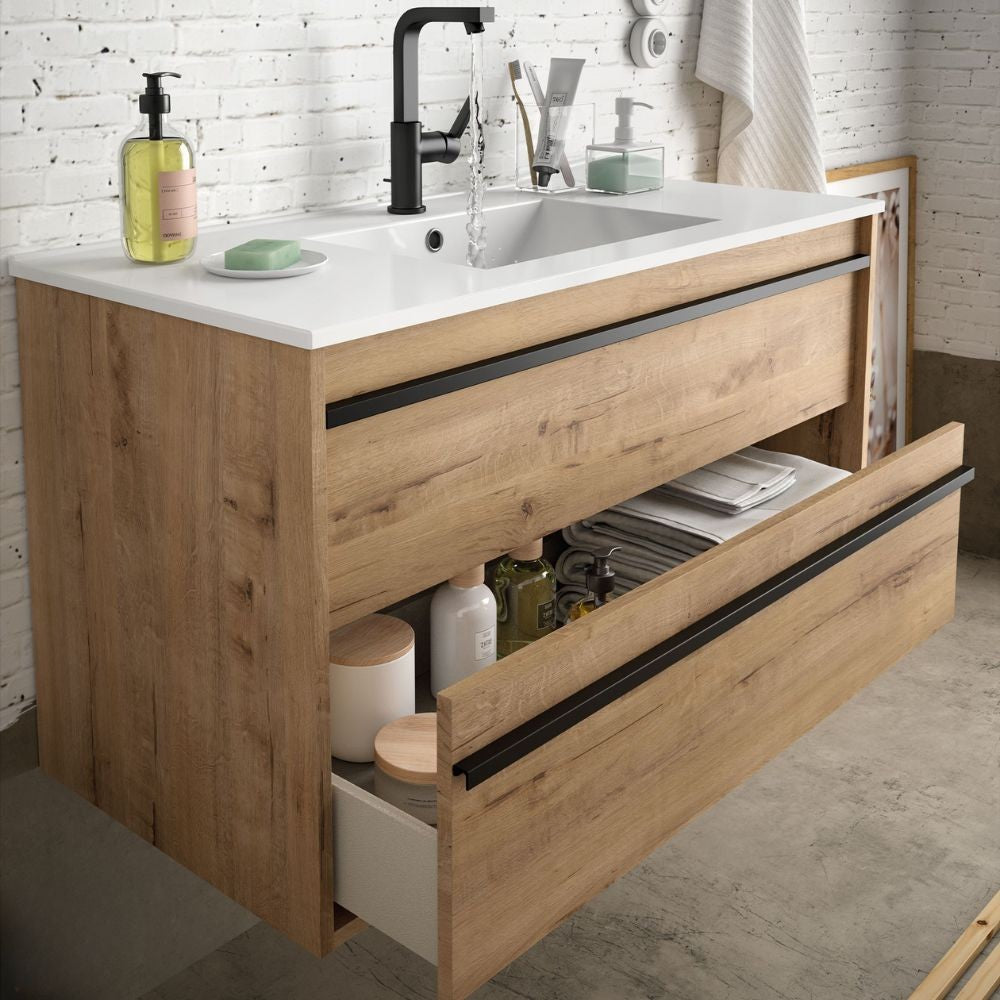 Mobile bagno sospeso Ador120 rovere ostippo doppio lavabo 4 cassetti 120x45x54h