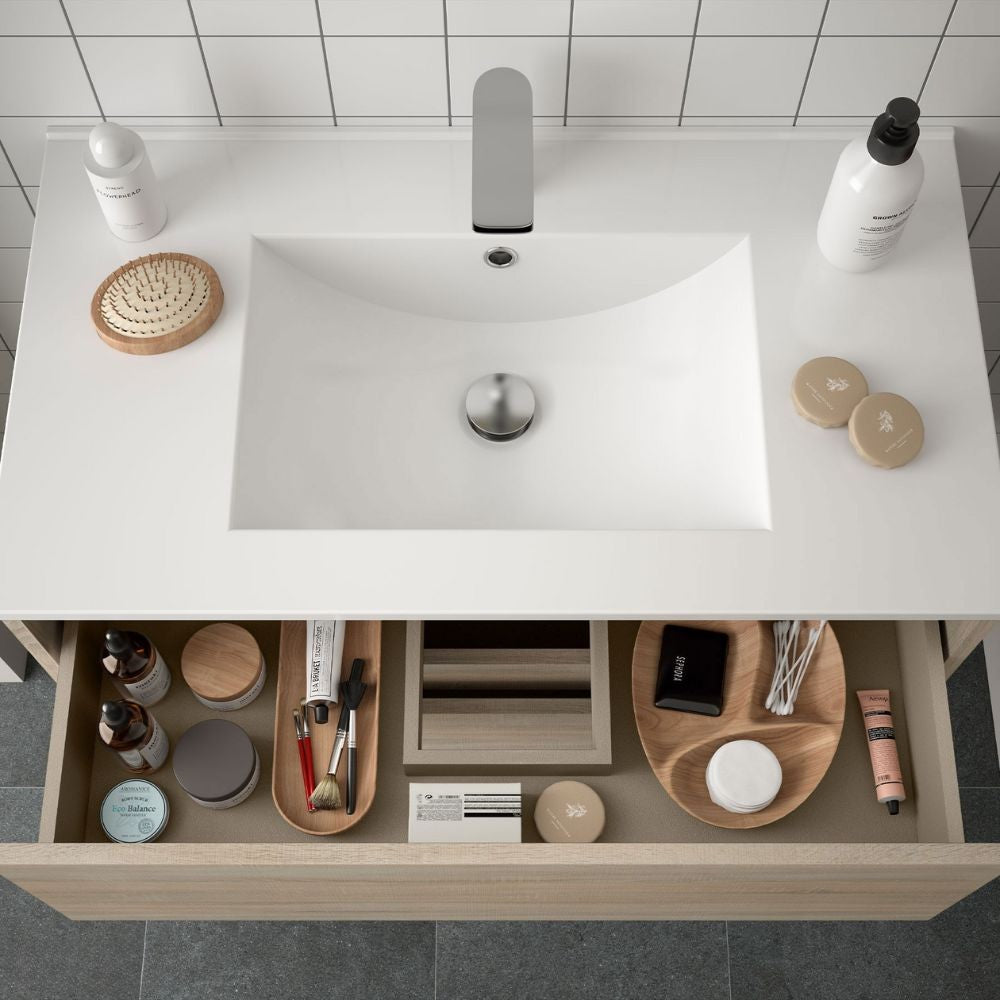 Mobile bagno sospeso Claros100 rovere caledonia con lavabo 2 cassetti 100x45x56h