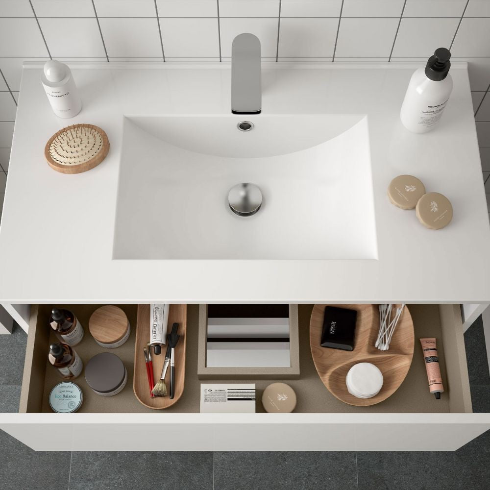 Mobile bagno sospeso Claros90 bianco laccato lucido con lavabo 2 cassetti 90x45x56h