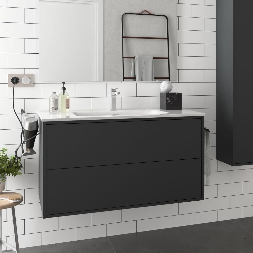 Mobile bagno sospeso Mango100 nero opaco con lavabo 2 cassetti 100x45x54h