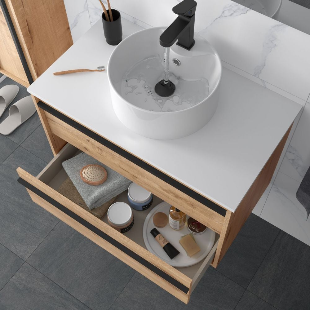 Mobile bagno sospeso Nuar80 rovere ostippo lavabo appoggio 2 cassetti 80x45x54h