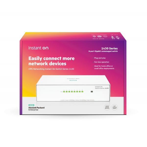 HPE Aruba Networking Networking Instant On Switch 8p Gigabit 1430 (Aruba Instant On 1430 8G - Unmanaged L2 Gigabit Ethernet - [10/100/1000] White - Warranty: 12M)HpeR8R45A