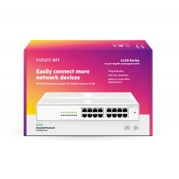 HPE Aruba Networking Networking Instant On Switch 16p Gigabit 1430 (Aruba Instant On 1430 16G - Unmanaged L2 Gigabit Ethernet - [10/100/1000] 1U White - Warranty: 12M)HpeR8R47A