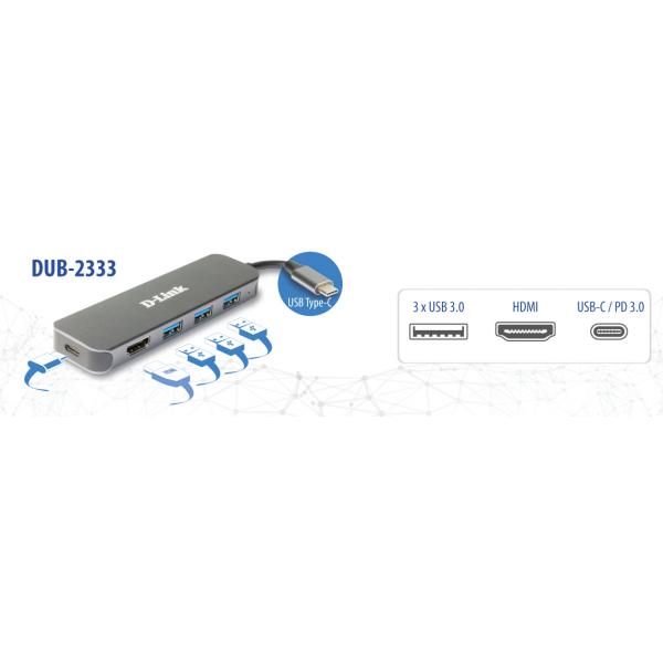 D-Link DUB-2333 replicatore di porte e docking station per laptop Cablato USB tipo-C Grigio (5-in-1 USB-C Hub with - HDMI/Power Delivery - Warranty: 24M)D-link0790069468605DUB-2333