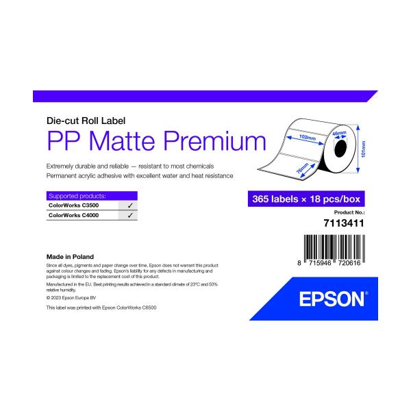 Epson 7113411 etichetta per stampante Bianco Etichetta per stampante autoadesiva (PP MATTE LABEL PREM DIE-CUT - ROLL 102X76MM 365 LABELS)Epson87159467206167113411