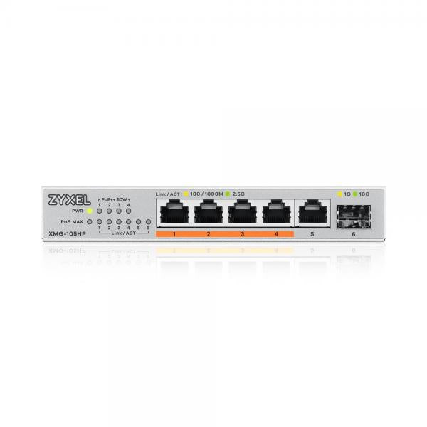 Zyxel XMG-105HP Non gestito 2.5G Ethernet [100/1000/2500] Supporto Power over Ethernet [PoE] Argento (Zyxel XMG-100 Series XMG-105HP - Switch - non gestito - unmanaged - 5 x 100/1000/2.5G [PoE++] + 1 x Gigabit SFP / 10 Gigabit SFP+ - desktop, montagg...