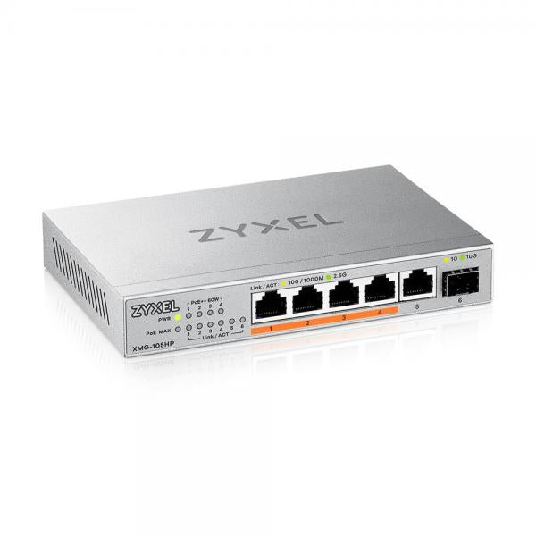 Zyxel XMG-105HP Non gestito 2.5G Ethernet [100/1000/2500] Supporto Power over Ethernet [PoE] Argento (Zyxel XMG-100 Series XMG-105HP - Switch - non gestito - unmanaged - 5 x 100/1000/2.5G [PoE++] + 1 x Gigabit SFP / 10 Gigabit SFP+ - desktop, montagg...