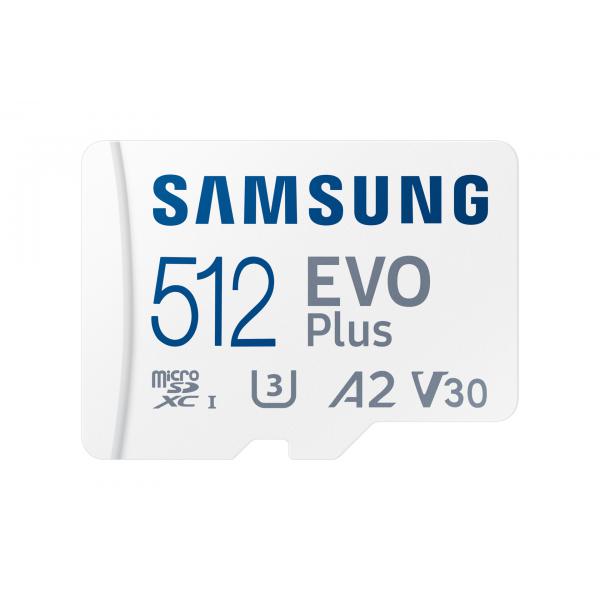Samsung MB-MC512S 512 GB MicroSDXC UHS-I (Samsung EVO Plus MB-MC512S - Flash memory card [microSDXC to SD adapter included] - 512 GB - A2 / Video Class V30 / UHS-I U3 / Class10 - microSDXC UHS-I - white)Samsung8806095420110MB-MC512SA/EU