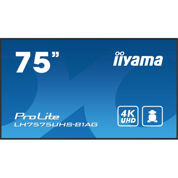 Iiyama LH7575UHS-B1AG visualizzatore di messaggi Pannello piatto per segnaletica digitale 190,5 cm [75] LCD Wi-Fi 500 cd/m 4K Ultra HD Nero Processore integrato Android 11 24/7 (iiyama ProLite LH7575UHS-B1AG - 75 Categoria diagonale Display LCD retro...