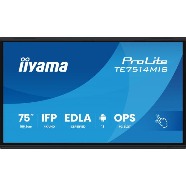 Iiyama PROLITE TE7514MIS-B2AG Pannello piatto per segnaletica digitale 190,5 cm [75] LCD Wi-Fi 435 cd/m 4K Ultra HD Nero Touch screen Processore integrato Android 24/7 (iiyama ProLite TE7514MIS-B2AG - 75 Categoria diagonale Display LCD retroilluminat...