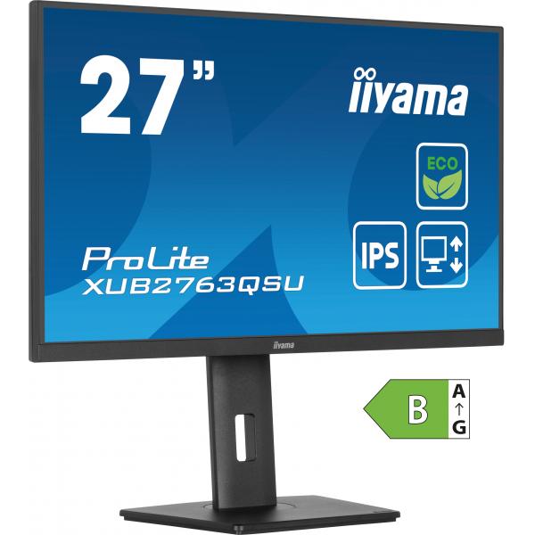Iiyama ProLite XUB2763QSU-B1 Monitor PC 68,6 cm [27] 2560 x 1440 Pixel Quad HD LED Nero (iiyama ProLite XUB2763QSU-B1 - Monitor a LED - 27 - 2560 x 1440 QHD @ 100 Hz - IPS - 350 cd/m? - 1500:1 - 2 ms - HDMI, DisplayPort - altoparlanti - nero, opaco)I...