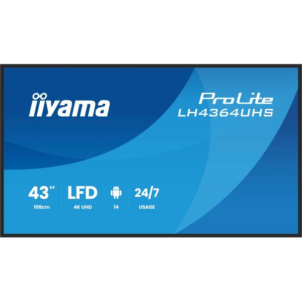 Iiyama LH4364UHS-B1AG visualizzatore di messaggi Pannello piatto per segnaletica digitale 109,2 cm [43] LED Wi-Fi 500 cd/m 4K Ultra HD Nero Processore integrato Android 24/7 (iiyama ProLite LH4364UHS-B1AG - 43 Categoria diagonale [42.5 visualizzabile...