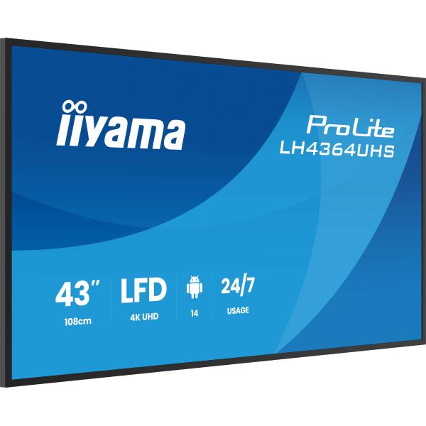 Iiyama LH4364UHS-B1AG visualizzatore di messaggi Pannello piatto per segnaletica digitale 109,2 cm [43] LED Wi-Fi 500 cd/m 4K Ultra HD Nero Processore integrato Android 24/7 (iiyama ProLite LH4364UHS-B1AG 43' 4K UHD)Iiyama4948570125302LH4364UHS-B1AG