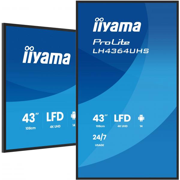Iiyama LH4364UHS-B1AG visualizzatore di messaggi Pannello piatto per segnaletica digitale 109,2 cm [43] LED Wi-Fi 500 cd/m 4K Ultra HD Nero Processore integrato Android 24/7 (iiyama ProLite LH4364UHS-B1AG - 43 Categoria diagonale [42.5 visualizzabile...