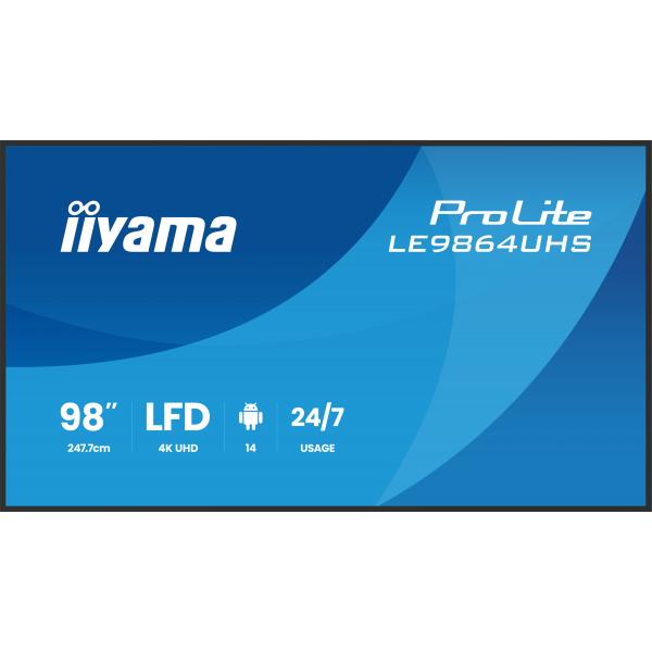Iiyama LE9864UHS-B1AG visualizzatore di messaggi Pannello piatto per segnaletica digitale 2,49 m [98] Wi-Fi 500 cd/m 4K Ultra HD Nero Processore integrato Android 24/7 (98 PROLITE LE9864UHS-B1AG Commercial Display - 98 Black Large Format Display 4K U...