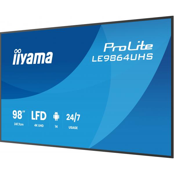 Iiyama LE9864UHS-B1AG visualizzatore di messaggi Pannello piatto per segnaletica digitale 2,49 m [98] Wi-Fi 500 cd/m 4K Ultra HD Nero Processore integrato Android 24/7 (98 PROLITE LE9864UHS-B1AG Commercial Display - 98 Black Large Format Display 4K U...