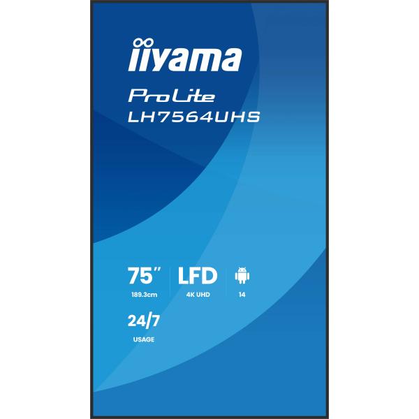 Iiyama LH7564UHS-B1AG visualizzatore di messaggi Pannello piatto per segnaletica digitale 190,5 cm [75] Wi-Fi 500 cd/m 4K Ultra HD Nero Processore integrato Android 24/7 (iiyama ProLite LH7564UHS-B1AG - 75 Categoria diagonale [74.5 visualizzabile] Di...