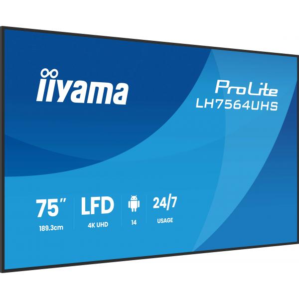 Iiyama LH7564UHS-B1AG visualizzatore di messaggi Pannello piatto per segnaletica digitale 190,5 cm [75] Wi-Fi 500 cd/m 4K Ultra HD Nero Processore integrato Android 24/7 (iiyama ProLite LH7564UHS-B1AG - 75 Categoria diagonale [74.5 visualizzabile] Di...