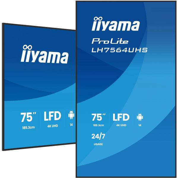 Iiyama LH7564UHS-B1AG visualizzatore di messaggi Pannello piatto per segnaletica digitale 190,5 cm [75] Wi-Fi 500 cd/m 4K Ultra HD Nero Processore integrato Android 24/7 (iiyama ProLite LH7564UHS-B1AG - 75 Categoria diagonale [74.5 visualizzabile] Di...