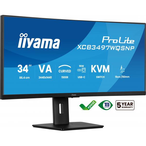 Iiyama ProLite XCB3497WQSNP-B1 Monitor PC 86,4 cm [34] 3440 x 1440 Pixel UltraWide Quad HD LED Nero (iiyama ProLite XCB3497WQSNP-B1 - Monitor a LED - curvato - 34 - 3440 x 1440 UWQHD @ 120 Hz - VA - 350 cd/m? - 3000:1 - 0.4 ms - HDMI, DisplayPort, US...