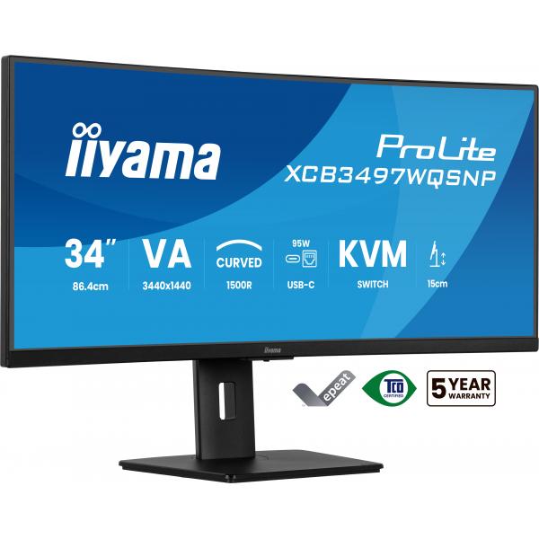 Iiyama ProLite XCB3497WQSNP-B1 Monitor PC 86,4 cm [34] 3440 x 1440 Pixel UltraWide Quad HD LED Nero (iiyama ProLite XCB3497WQSNP-B1 - Monitor a LED - curvato - 34 - 3440 x 1440 UWQHD @ 120 Hz - VA - 350 cd/m - 3000:1 - 0.4 ms - HDMI, DisplayPort, USB...