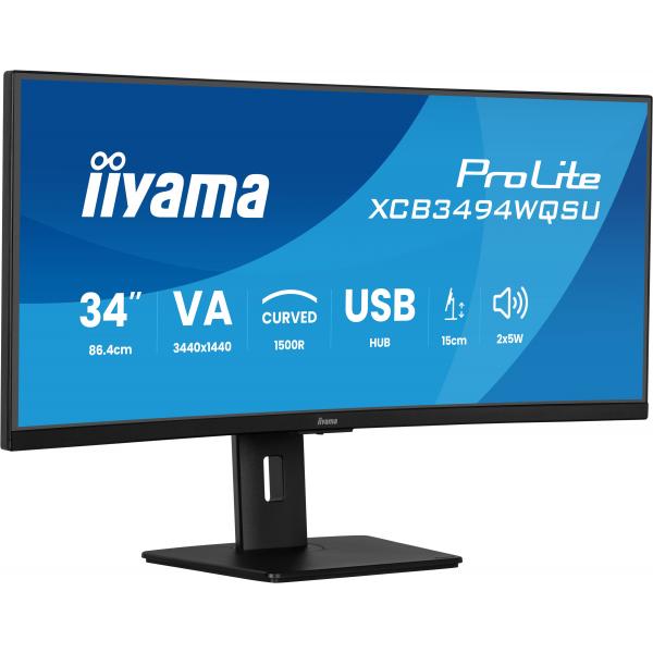 Iiyama ProLite XCB3494WQSU-B1 Monitor PC 86,4 cm [34] 3440 x 1440 Pixel UltraWide Quad HD LED Nero (iiyama ProLite XCB3494WQSU-B1 - Monitor a LED - curvato - 34 - 3440 x 1440 UWQHD @ 120 Hz - VA - 350 cd/m - 3000:1 - 0.4 ms - HDMI, DisplayPort, USB-C...