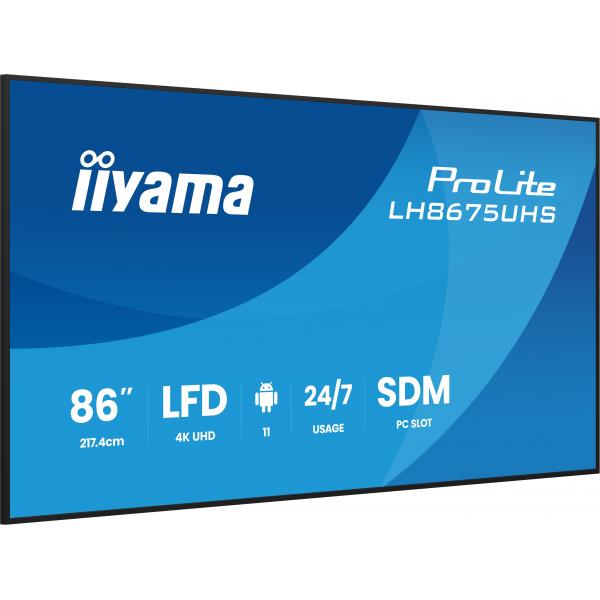 Iiyama LH8675UHS-B2AG visualizzatore di messaggi Pannello piatto per segnaletica digitale 2,17 m [85.6] LCD Wi-Fi 500 cd/m 4K Ultra HD Nero Processore integrato Android 11 24/7 (iiyama 86' 4K UHD Professional Digital Signage 24/7 displa)Iiyama4948570...