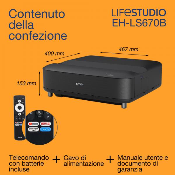 Epson Lifestudio Grand EH-LS670B - Nero metallizzato (Epson Lifestudio Grand EH-LS670B - 3LCD projector - 3600 lumens - 1920 x 1080 x 2 - 16:9 - 802.11a/b/g/n/ac wireless / Bluetooth - metallic black)Epson8715946742663V11HB82140