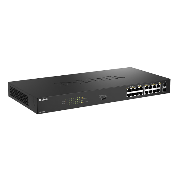 D-Link DGS-1018P/B switch di rete Non gestito Gigabit Ethernet [10/100/1000] Supporto Power over Ethernet [PoE] Nero (D-Link DGS 1018P - Switch - unmanaged - 16 x 10/100/1000 [PoE] + 2 x combo Gigabit SFP - rack-mountable, desktop - PoE [240 W] - for...