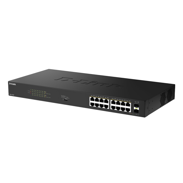 D-Link DGS-1018P/B switch di rete Non gestito Gigabit Ethernet [10/100/1000] Supporto Power over Ethernet [PoE] Nero (D-Link DGS 1018P - Switch - unmanaged - 16 x 10/100/1000 [PoE] + 2 x combo Gigabit SFP - rack-mountable, desktop - PoE [240 W] - for...