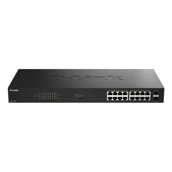 D-Link DGS-1018P/B switch di rete Non gestito Gigabit Ethernet [10/100/1000] Supporto Power over Ethernet [PoE] Nero (D-Link DGS 1018P - Switch - unmanaged - 16 x 10/100/1000 [PoE] + 2 x combo Gigabit SFP - rack-mountable, desktop - PoE [240 W] - for...