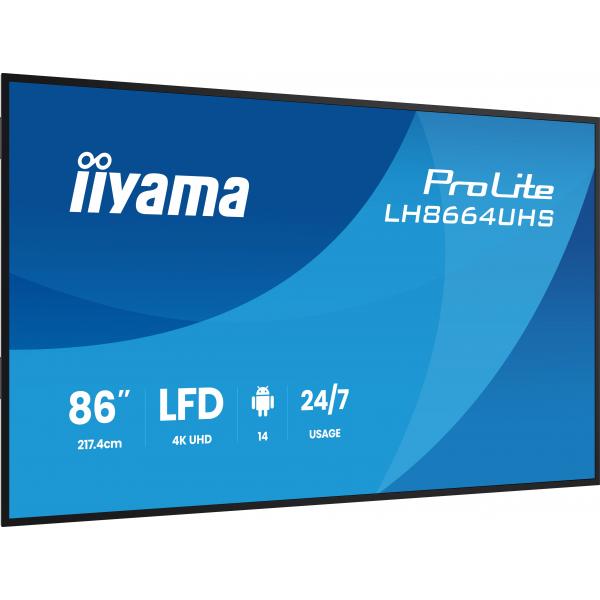Iiyama LH8664UHS-B3AG visualizzatore di messaggi Pannello piatto per segnaletica digitale 2,17 m [85.6] Wi-Fi 500 cd/m 4K Ultra HD Nero Processore integrato Android 24/7 (86 ProLite LH8664UHS-B3AG Commercial Display - 86 Black Large Format Display 4K...