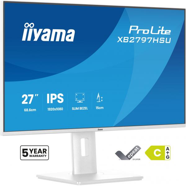 Iiyama ProLite XB2797HSU-W1 Monitor PC 68,6 cm [27] 1920 x 1080 Pixel Full HD LED Bianco (iiyama ProLite XB2797HSU-W1 - Monitor a LED - 27 - 1920 x 1080 Full HD [1080p] @ 120 Hz - IPS - 350 cd/m - 1500:1 - 1 ms - HDMI, DisplayPort - altoparlanti - bi...