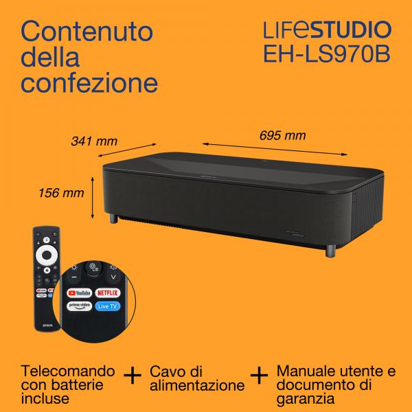 Epson Lifestudio Grand EH-LS970B - Nero metallizzato (Epson Lifestudio Grand Plus EH-LS970B - 3LCD projector - 4000 lumens [white] - 4000 lumens [colour] - 3840 x 2160 - 16:9 - 4K - ultra short-throw lens - 802.11a/b/g/n/ac/ax wireless / Bluetooth 5....