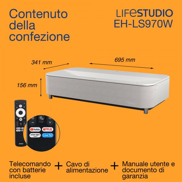 Epson Lifestudio Grand EH-LS970W - Bianco diamante (Epson Lifestudio Grand Plus EH-LS970W - 3LCD projector - 4000 lumens [white] - 4000 lumens [colour] - 3840 x 2160 - 16:9 - 4K - ultra short-throw lens - 802.11a/b/g/n/ac/ax wireless / Bluetooth 5.2 ...
