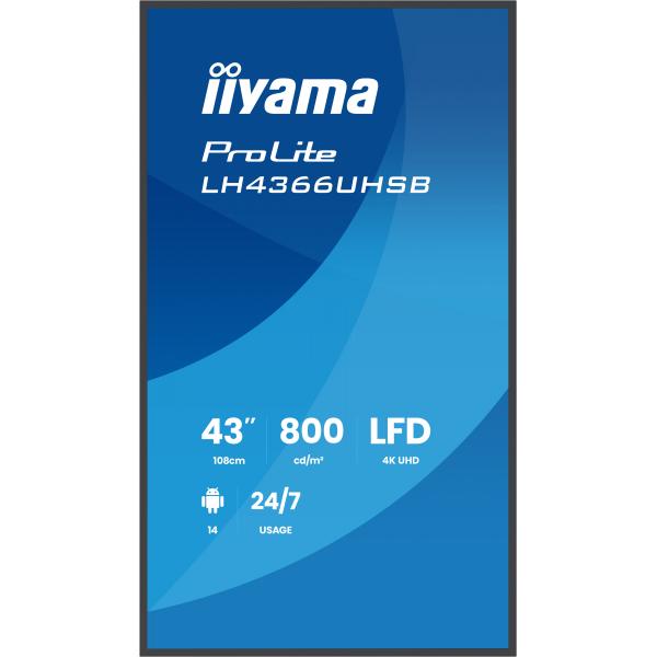 Iiyama LH4366UHSB-B1AG visualizzatore di messaggi Pannello piatto per segnaletica digitale 109,2 cm [43] LCD Wi-Fi 800 cd/m 4K Ultra HD Nero Processore integrato Android 24/7 (iiyama LH4366UHSB-B1AG Signage Display 109.2 cm [43'] Wi-F)Iiyama494857012...