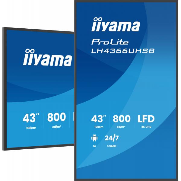 Iiyama LH4366UHSB-B1AG visualizzatore di messaggi Pannello piatto per segnaletica digitale 109,2 cm [43] LCD Wi-Fi 800 cd/m 4K Ultra HD Nero Processore integrato Android 24/7 (iiyama LH4366UHSB-B1AG Signage Display 109.2 cm [43'] Wi-F)Iiyama494857012...