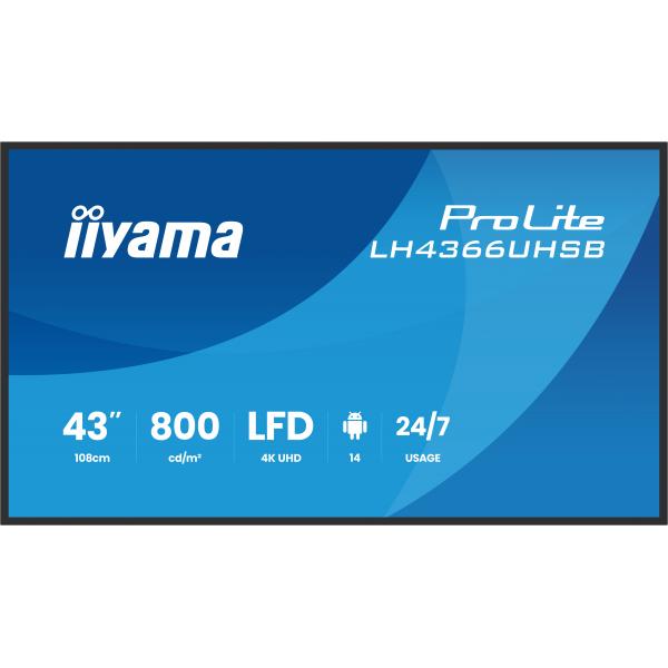 Iiyama LH4366UHSB-B1AG visualizzatore di messaggi Pannello piatto per segnaletica digitale 109,2 cm [43] LCD Wi-Fi 800 cd/m 4K Ultra HD Nero Processore integrato Android 24/7 (iiyama LH4366UHSB-B1AG Signage Display 109.2 cm [43'] Wi-F)Iiyama494857012...