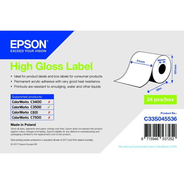 Epson High Gloss Label - Continuous Roll: 51mm x 33m (HIGH GLOSS LABEL - CONTINUOUS - 51MM X 33M)EpsonC33S045536