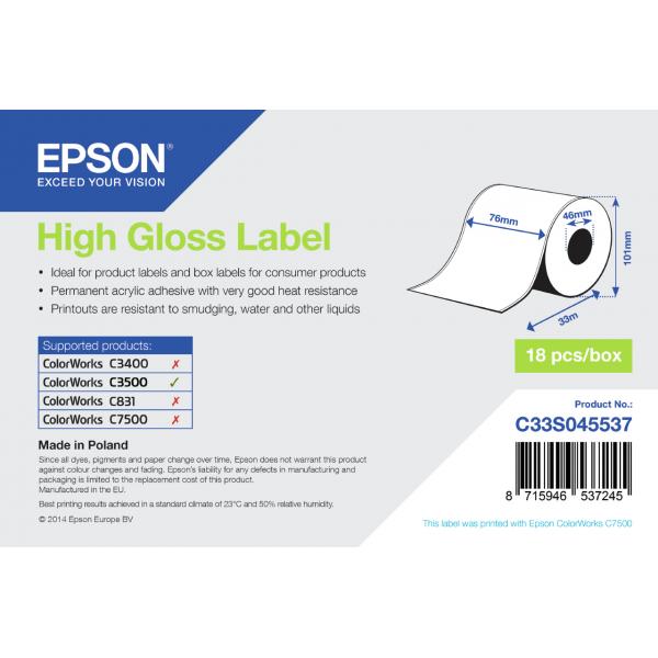 Epson High Gloss Label - Continuous Roll: 76mm x 33m (High Gloss Label - Continuous - Roll: 76mm x 33m Glossy, - 1pcs. MOQ 18pcs.)EpsonC33S045537
