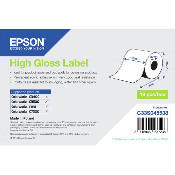 Epson High Gloss Label - Continuous Roll: 102mm x 33m (HIGH GLOSS LABEL - CONTINUOUS - 102MM X 33M)EpsonC33S045538