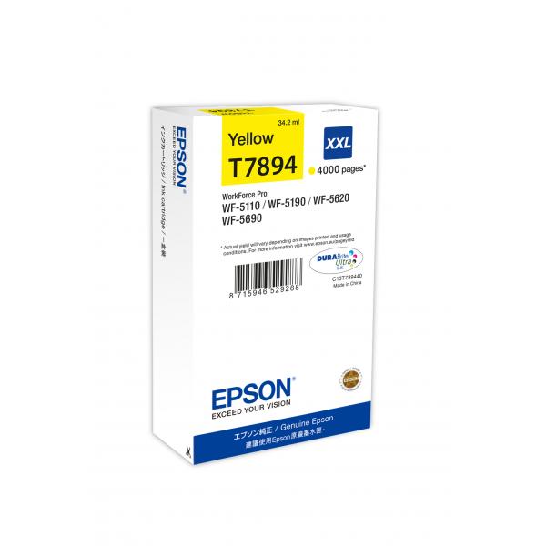 Epson Tanica Giallo (Epson T7894 - 34.2 ml - misura XXL - giallo - originale - cartuccia d'inchiostro - per WorkForce Pro WF-5110DW, WF-5190DW, WF-5190DW BAM, WF-5620DWF, WF-5690DWF, WF-5690DWF BAM)EpsonC13T789440
